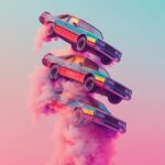 Two cars stacked on top of each other, flying through the air, with smoke coming...