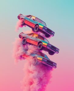 Two cars stacked on top of each other, flying through the air, with smoke coming...