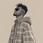 Minimalist, anime-style portrait of a young character with short Jesus-like hair...