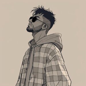 Minimalist, anime-style portrait of a young character with short Jesus-like hair...