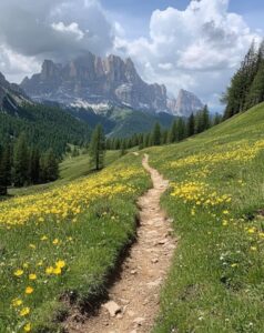 A photo of the Dolomites in Italy, a hiking trail leading up to them, in the sty...