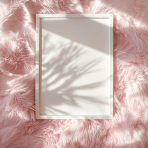 Top-down view of white metal blank picture frame, fluffy pastel pink bedding, na...