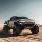 a new modern silver pickup truck inspired by the clothing brand carhart, with a ...