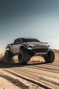 a new modern silver pickup truck inspired by the clothing brand carhart, with a ...