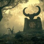 A foggy Victorian-era forest with a hidden ancient stone altar covered in strang...