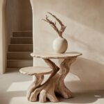 A round end table with small driftwood bases, shaped like a tree trunk and made ...
