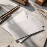 Promptflat lay scene for an event invitation mockup, a single card centered but ...