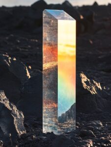 thin sheet of glass monument standing upright in a black stone query. evening li...