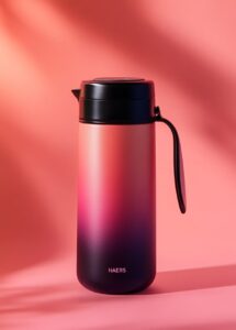 Product design: The bottle shape is cylindrical with a handle at the top of the ...