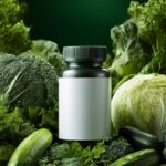 A health supplement bottle with a empty white label in the front center of a pil...