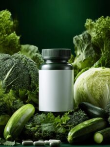 A health supplement bottle with a empty white label in the front center of a pil...