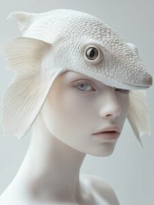 Beautiful albino gecko-like woman with large eyes, pastel colors, fantasy, smoot...