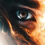 abstract eyes looking at us from the sky, the man is walking away --ar 2:3 --sty...