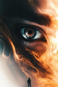 abstract eyes looking at us from the sky, the man is walking away --ar 2:3 --sty...