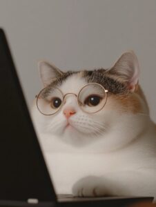 A close-up shot of a Korean Shorthair cat wearing stylish round glasses, sitting...