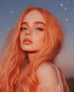 a charming Instagram model with very long peach color hair, cosmic night sky wit...
