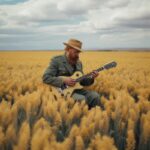 Vincent van Gogh playing a guitar at the middle of Windy Wheatfield. Wes Anderso...