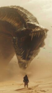 a tiny fremen warrior from dune in a vast sand desert with a giant ferocious san...