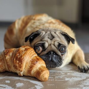 А можно мне немного как будто бы укусить? Croissant with eyes playing with a pug...