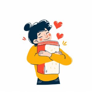minimal comic illustration of a person happily hugging a product, white space ar...