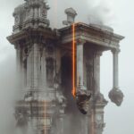 A cinematic photograph capturing fragments of French classical architecture susp...