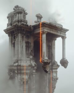 A cinematic photograph capturing fragments of French classical architecture susp...