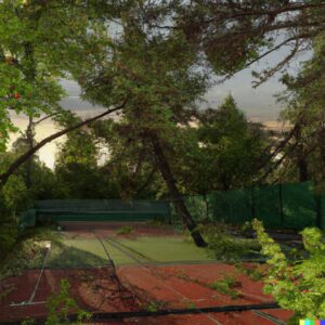 "overgrown"Abandoned overgrown tennis court with trees grow through and fallen t...