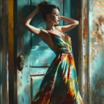 a woman in a colorful dress posing in a doorway, in the style of realistic hyper...