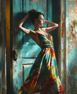 a woman in a colorful dress posing in a doorway, in the style of realistic hyper...