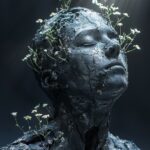 A black plaster sculpture of a human figure in a dark environment, A number of s...