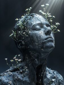 A black plaster sculpture of a human figure in a dark environment, A number of s...