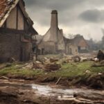 French abandonned village ruined and filled with scraps and remains, post apocal...