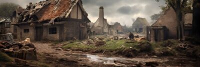 French abandonned village ruined and filled with scraps and remains, post apocal...
