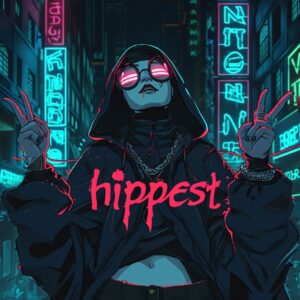 Film Noir, logo "hippest" ,written,title font, old school 90's style game title,...