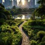 The park around the sun rise time of sundown with shanghai cityscape, in the sty...