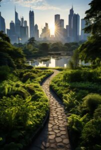 The park around the sun rise time of sundown with shanghai cityscape, in the sty...
