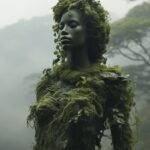 Mystical topiary goddess, a woman transforming into lush greenery, a surreal sen...