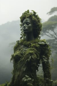 Mystical topiary goddess, a woman transforming into lush greenery, a surreal sen...