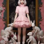 A girl in pink dress standing next to rabbits, in the style of natalie shau, miw...