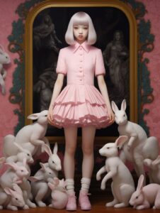 A girl in pink dress standing next to rabbits, in the style of natalie shau, miw...