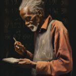 Old black man, writing formulas on blackboard, soft pastel colors simple illustr...