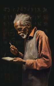 Old black man, writing formulas on blackboard, soft pastel colors simple illustr...