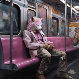 Pink haired wolf Sitting in the parking space of a subway carriage New York Vint...