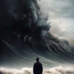 A huge tidal wave reaching high into the sky is headed straight towards camera, ...