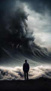 A huge tidal wave reaching high into the sky is headed straight towards camera, ...