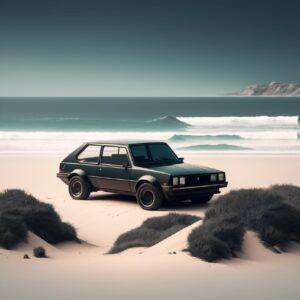 Minimal. Midjourneya shot of a car from 1990s on minimalistic landscape, profess...