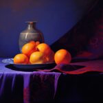 A painting of an orange and an orange set on a purple table, in the style of bre...