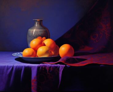 A painting of an orange and an orange set on a purple table, in the style of bre...