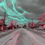 retrofututistic black and white movie still of rural America, colorful patterns ...