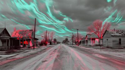 retrofututistic black and white movie still of rural America, colorful patterns ...